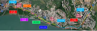:淡北道路串連新北市與台北市，以分流原則增設路廊，可以有效提升道路容量與運輸效能，此圖為淡北道路路線規劃圖。