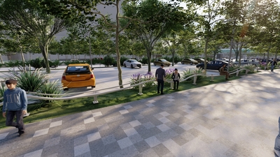 縣民大道停車場改善工程未來將改善停車與人行動線交織情形，讓停車場周邊人行環境更加寬廣。
