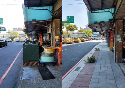 「變電箱影響人行道通行環境改善計畫」目標明年底達成1000件,圖為中和區中山路二段電箱遷移改善前、後的對比照。